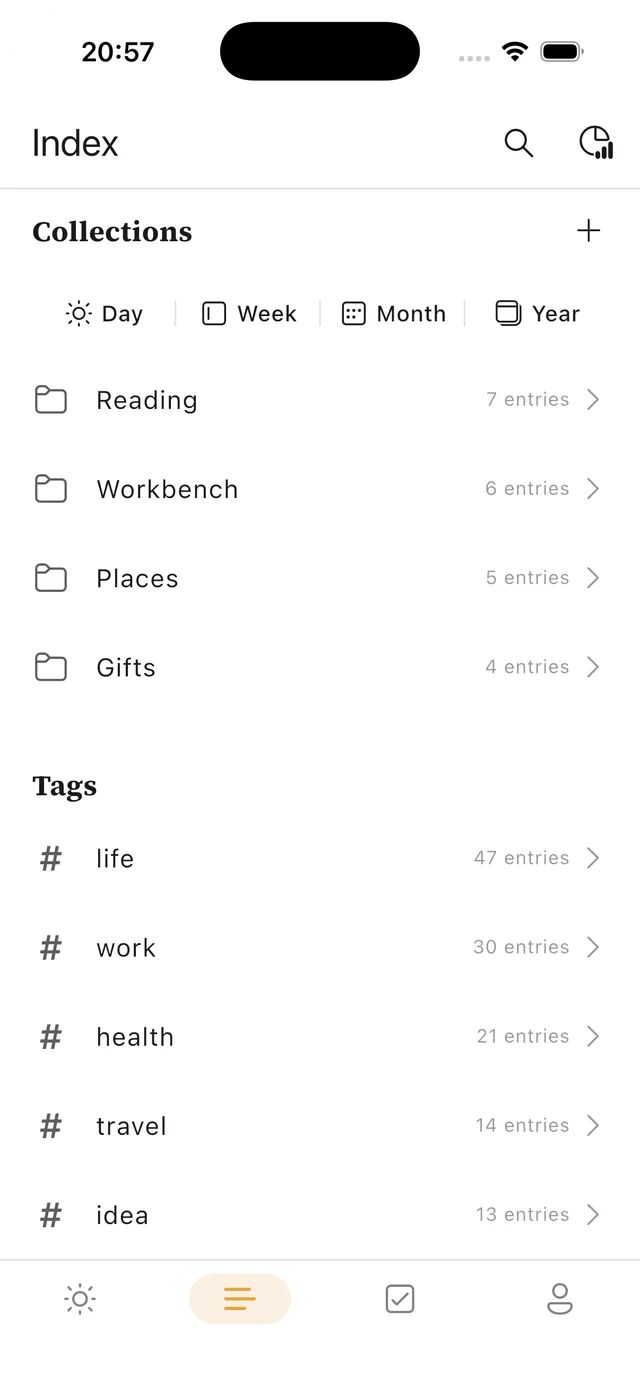 Jotbook のコレクションと記録の整理画面